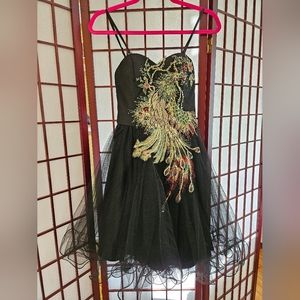 Black Party Dress with Gold Sequined and Embroidered Peacock